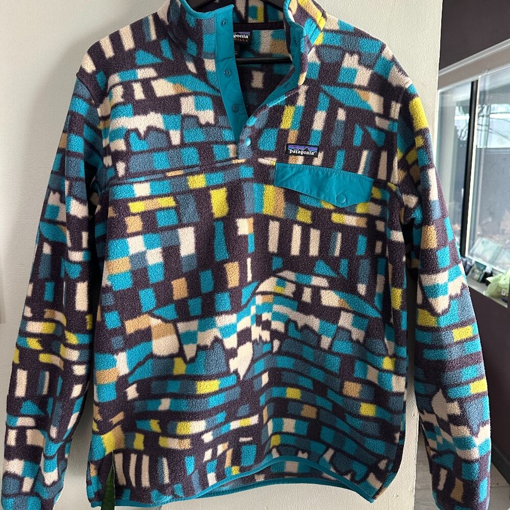 Patagonia Mens Synchilla Snap T Fleece Fitz Roy Patchwork Belay Blue Large L